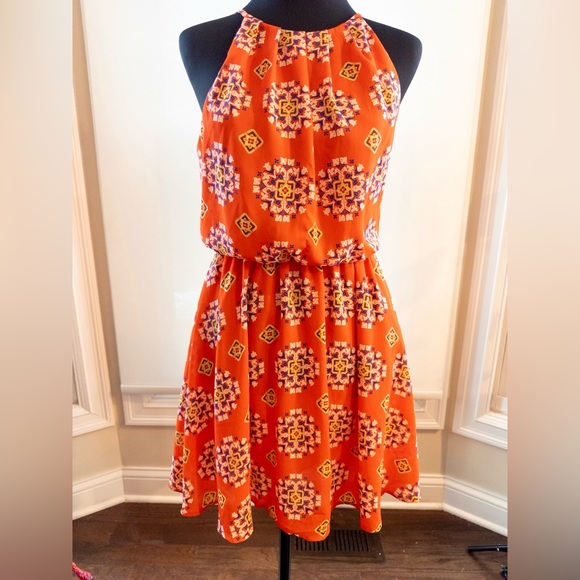 LUSH Orange Boho Halter Mini Dress – Medallion Print Open Back Festival S - Picture 2 of 8